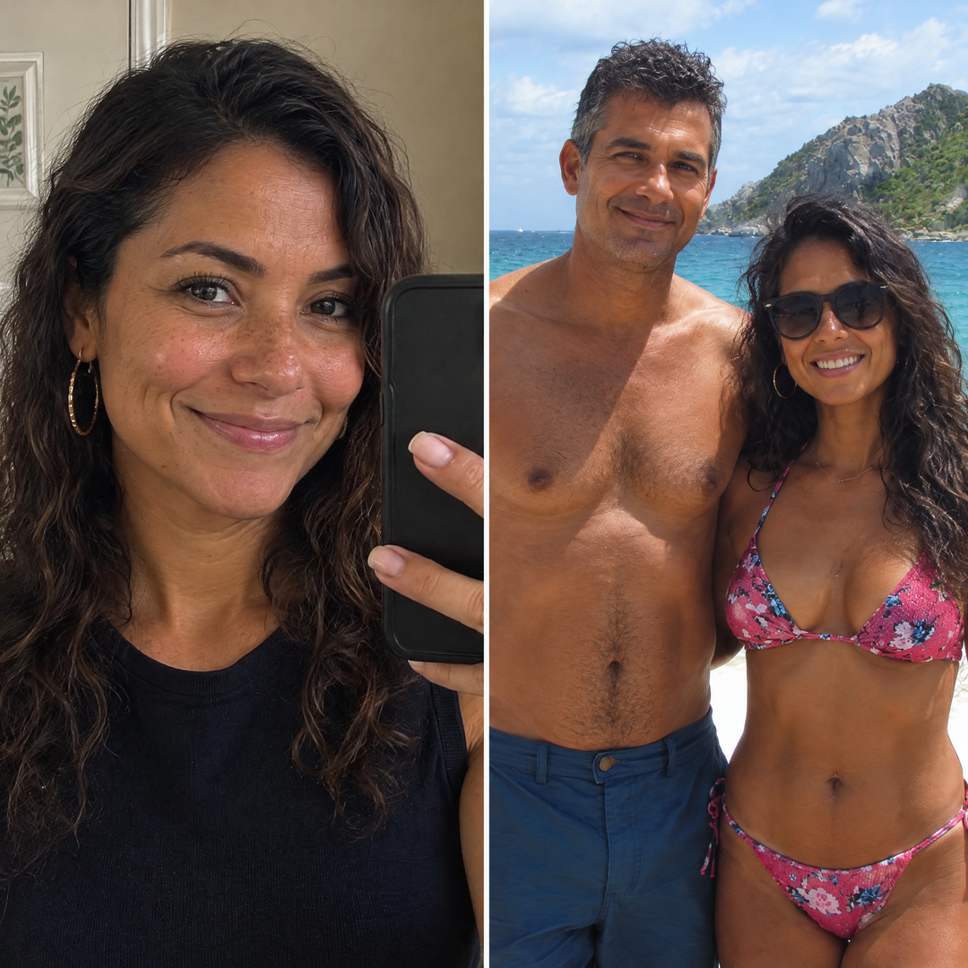 Antes e depois de cabelo castanho, com melhora visível no brilho e na maciez.