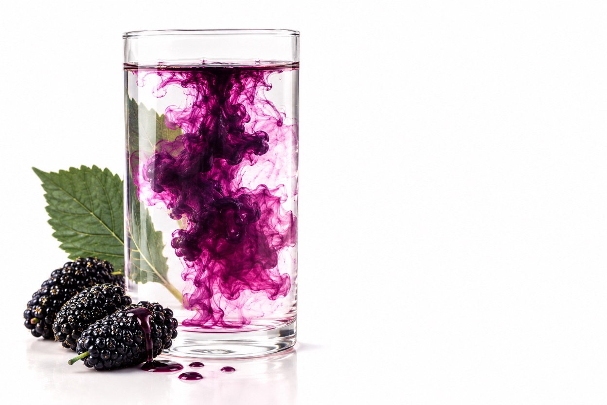 Pigmento violeta intenso das antocianinas da amora-miúra se dispersando em água dentro de um copo de vidro.